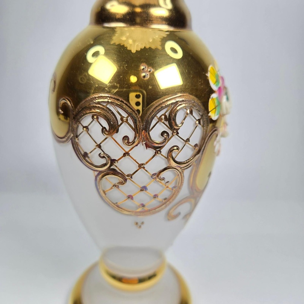 Vintage Bohemian Czech Gold Gilt Raised Enamel Hand-painted Vase Urn Ruffled 10" - Picture 8 of 11